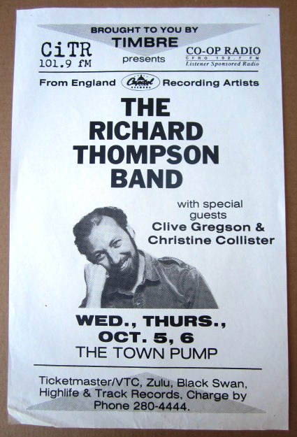THOMPSON, RICHARD / CLIVE GREGSON / CHRISTINE COLLISTER - Concert GIG Tour Poster Vancouver, Canada ORIGINAL