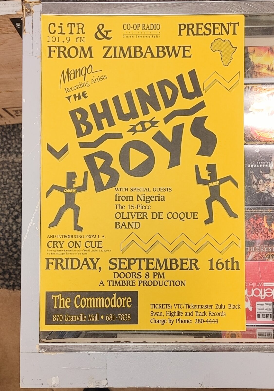 BHUNDU BOYS, the / OLIVER DE COQUE BAND / CRY ON CUE - GIG Concert Tour Poster Vancouver Canada ORIGINAL