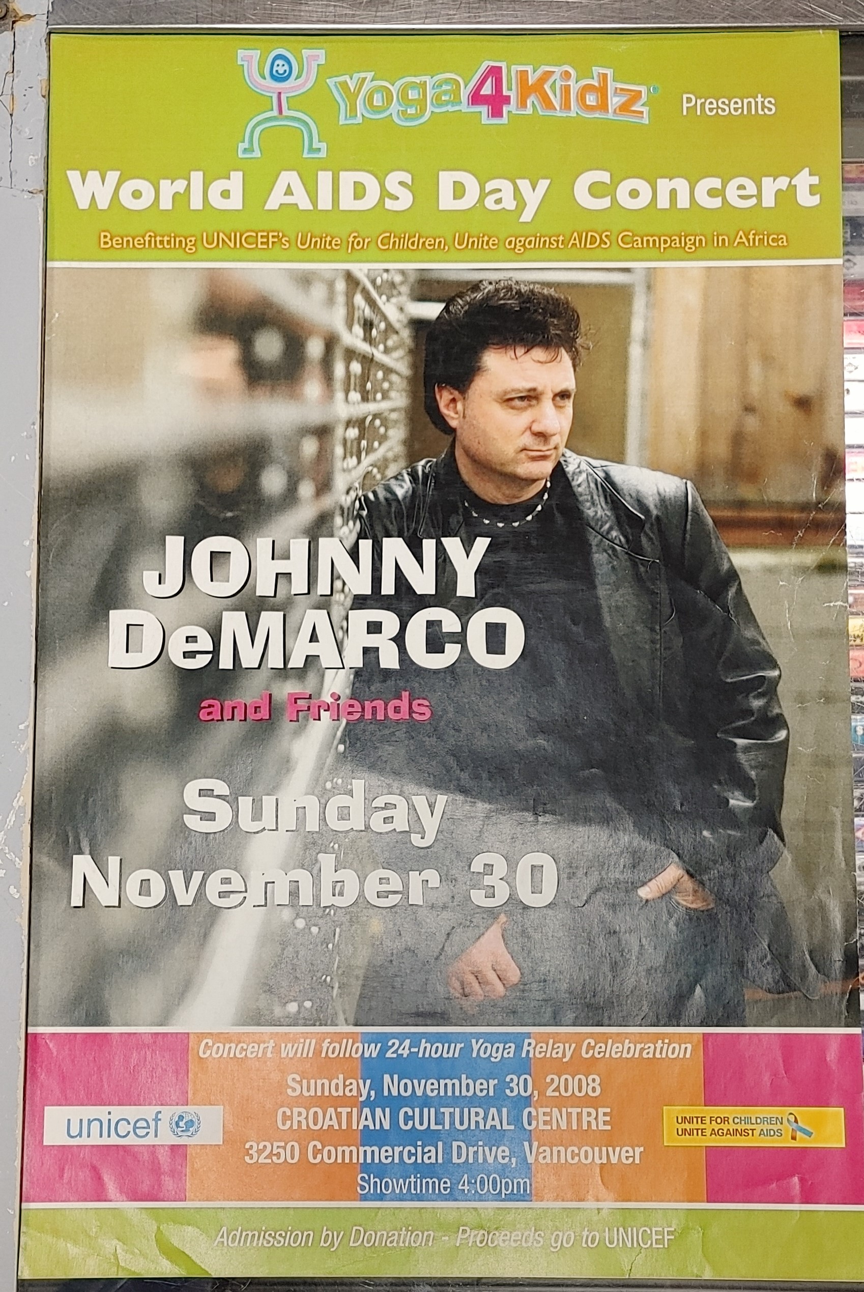 DEMARCO, Johnny - 2008 World AIDS Day Fundraiser Concert GIG Tour Poster Vancouver Canada ORIGINAL