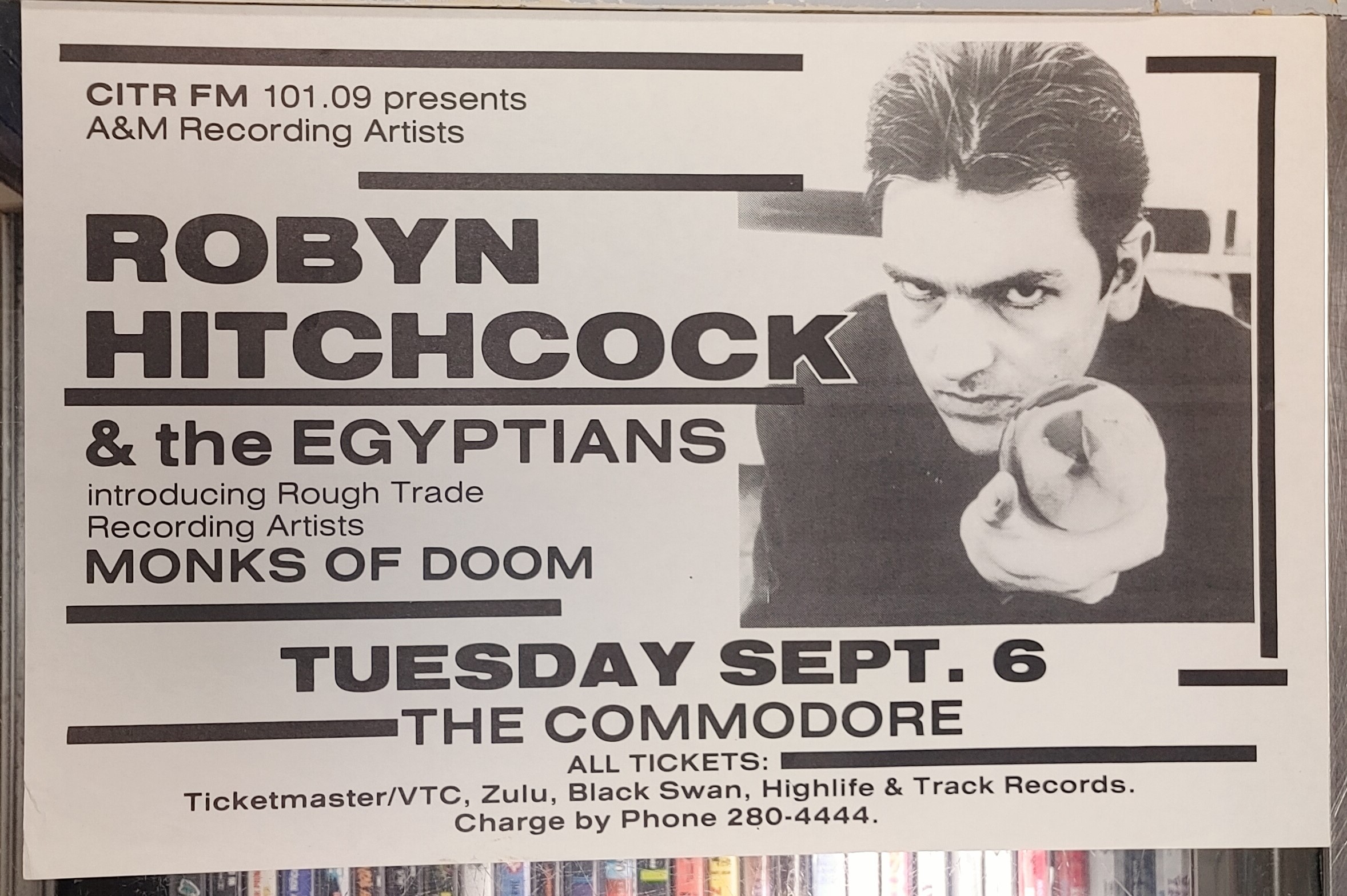HITCHCOCK, Robyn/MONKS OF DOOM - Concert GIG Tour Poster Vancouver Canada ORIGINAL