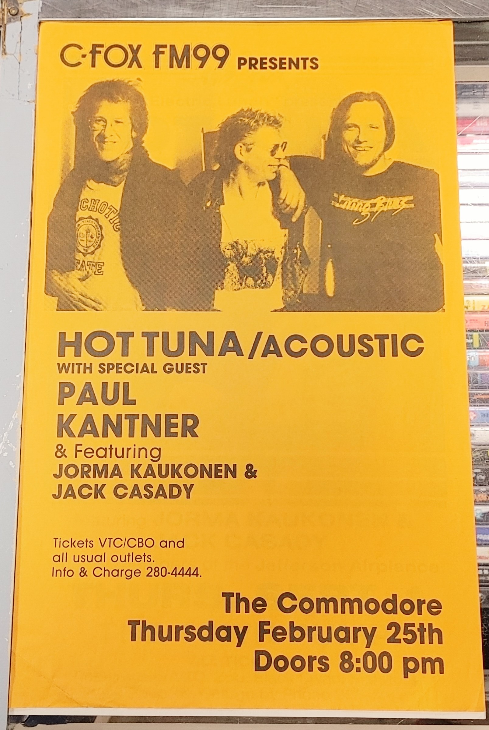HOT TUNA (Acoustic)/Paul KANTNER - 1988 Concert GIG Tour Poster Vancouver Canada ORIGINAL