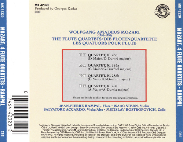 Wolfgang Amadeus Mozart - Jean-Pierre Rampal • Isaac Stern • Salvatore Accardo • Mstislav Rostropovich - The Flute Quartets K. 285, 285a, 285b, 298 (CD, Album, RE) (Near Mint (NM or M-)) - Image 2