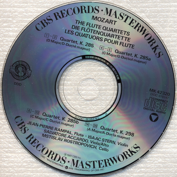 Wolfgang Amadeus Mozart - Jean-Pierre Rampal • Isaac Stern • Salvatore Accardo • Mstislav Rostropovich - The Flute Quartets K. 285, 285a, 285b, 298 (CD, Album, RE) (Near Mint (NM or M-)) - Image 3