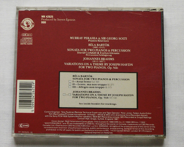 Georg Solti, Murray Perahia, Béla Bartók, Johannes Brahms, David Corkhill, Evelyn Glennie - Sonata For 2 Pianos & Percussion / Haydn Variations For 2 Pianos (CD, Album) (Near Mint (NM or M-)) - Image 2