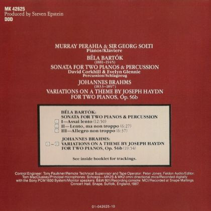 Georg Solti, Murray Perahia, Béla Bartók, Johannes Brahms, David Corkhill, Evelyn Glennie - Sonata For 2 Pianos & Percussion / Haydn Variations For 2 Pianos (CD, Album) (Near Mint (NM or M-)) - Image 3