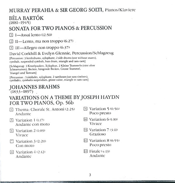Georg Solti, Murray Perahia, Béla Bartók, Johannes Brahms, David Corkhill, Evelyn Glennie - Sonata For 2 Pianos & Percussion / Haydn Variations For 2 Pianos (CD, Album) (Near Mint (NM or M-)) - Image 5