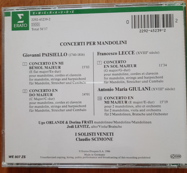 I Solisti Veneti, Giovanni Paisiello, Francesco Lecce, Antonio Maria Giuliani - Concerto Per Mandolini (CD) (Near Mint (NM or M-)) - Image 2