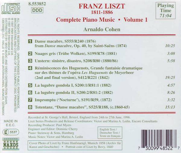 Franz Liszt - Arnaldo Cohen - Grande Fantaisie Sur “Les Huguenots” (Meyerbeer) • Danse Macabre (Saint-Saëns) • Totentanz • Unstern: Sinistre, Disastro • Impromptu (‛Nocturne′) • Nuages Gris • La Lugrube Gondola Ⅰ And Ⅱ (CD) (Near Mint (NM or M-)) - Image 2