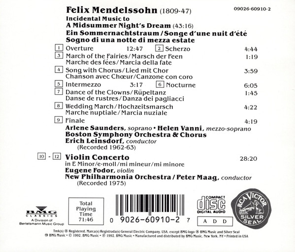 Felix Mendelssohn-Bartholdy, Eugene Fodor, Boston Symphony Orchestra, Erich Leinsdorf - Violin Concerto / A Midsummer Night's Dream (CD, Comp) (Near Mint (NM or M-)) - Image 2