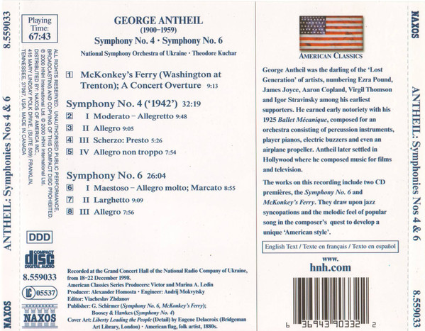 George Antheil - National Symphony Orchestra Of Ukraine, Theodore Kuchar - Symphony No. 4 / Symphony No. 6 / McKonkey's Ferry (CD) (Near Mint (NM or M-)) - Image 2