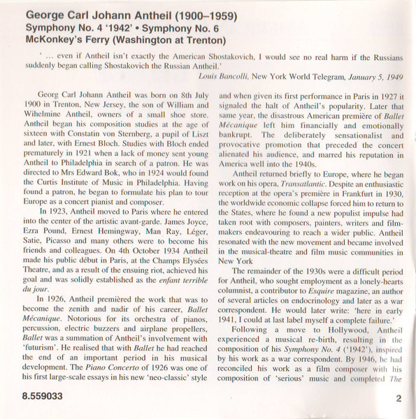 George Antheil - National Symphony Orchestra Of Ukraine, Theodore Kuchar - Symphony No. 4 / Symphony No. 6 / McKonkey's Ferry (CD) (Near Mint (NM or M-)) - Image 5