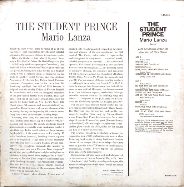 Mario Lanza - The Student Prince (LP, Album) (Mint (M)) - Image 2