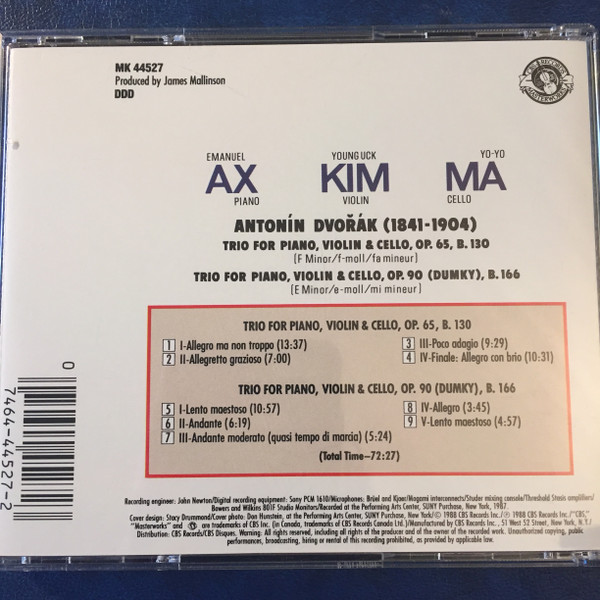 Yo-Yo Ma, Yong Uck Kim, Emanuel Ax, Antonín Dvořák - Piano Trios (F Minor, Op. 65 / E Minor, Op. 90 "Dumsky") (CD, Album) (Near Mint (NM or M-)) - Image 3