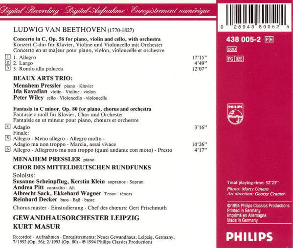 Ludwig van Beethoven - Beaux Arts Trio, Menahem Pressler, MDR Rundfunkchor, Gewandhausorchester Leipzig, Kurt Masur - Triple Concerto / Choral Fantasy (CD, Album) (Near Mint (NM or M-)) - Image 2