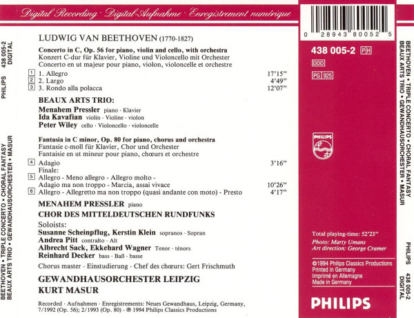 Ludwig van Beethoven - Beaux Arts Trio, Menahem Pressler, MDR Rundfunkchor, Gewandhausorchester Leipzig, Kurt Masur - Triple Concerto / Choral Fantasy (CD, Album) (Near Mint (NM or M-)) - Image 3