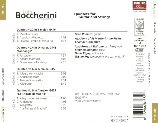 Luigi Boccherini, Pepe Romero, Academy Of St. Martin-in-the-Fields Chamber Ensemble - Guitar Quintets (CD, Comp, RM) (Near Mint (NM or M-)) - Image 2