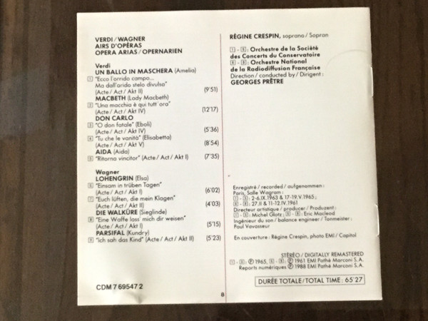 Régine Crespin / Giuseppe Verdi & Richard Wagner - Airs D'Opéras = Opera Arias = Opernarien (CD, Comp, RM) (Near Mint (NM or M-)) - Image 2
