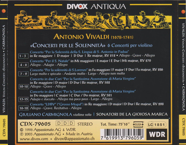 Antonio Vivaldi, Sonatori De La Gioiosa Marca, Giuliano Carmignola - Concerti Per Le Solennità (CD, RE, RM) (Near Mint (NM or M-)) - Image 2