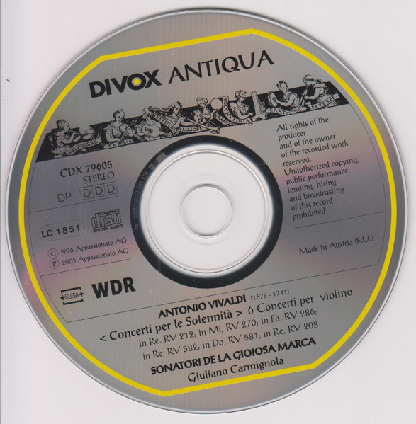 Antonio Vivaldi, Sonatori De La Gioiosa Marca, Giuliano Carmignola - Concerti Per Le Solennità (CD, RE, RM) (Near Mint (NM or M-)) - Image 3
