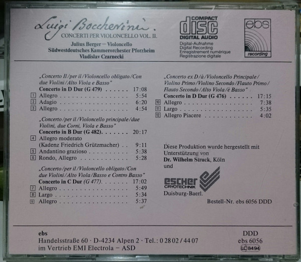 Luigi Boccherini, Julius Berger, Südwestdeutsches Kammerorchester, Vladislav Czarnecki - Concerti Per Violoncello Vol II. (CD) (Near Mint (NM or M-)) - Image 2