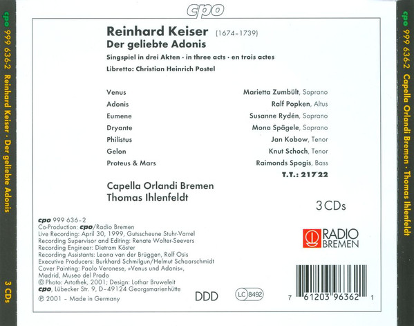 Reinhard Keiser – Marietta Zumbült, Ralf Popken, Raimonds Spogis, Susanne Rydén, Mona Spägele, Jan Kobow, Knut Schoch, Capella Orlandi Bremen, Thomas Ihlenfeldt - Der Geliebte Adonis (3xCD, Album) (Near Mint (NM or M-)) - Image 2