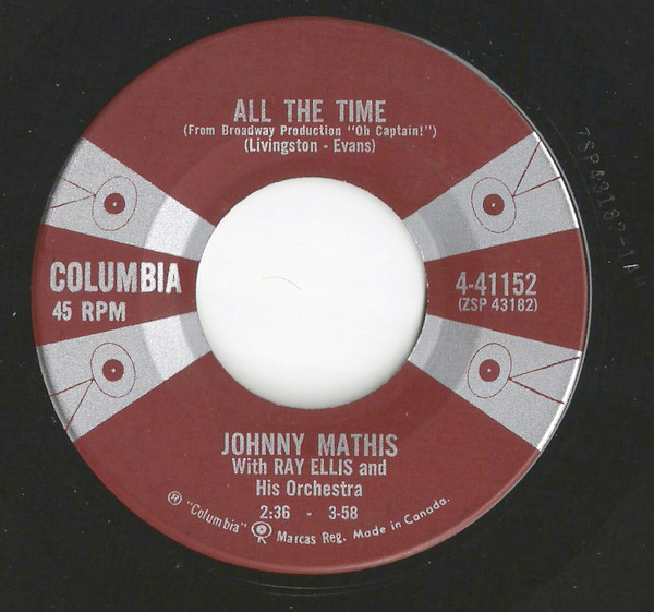 Johnny Mathis with Ray Ellis And His Orchestra - All The Time / Teacher, Teacher (7", Single) (Very Good (VG))