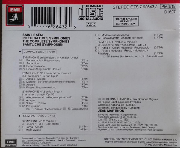 Camille Saint-Saëns, Orchestre National De L'ORTF, Jean Martinon - Les 5 Symphonies (2xCD, Comp, RM) (Near Mint (NM or M-)) - Image 2
