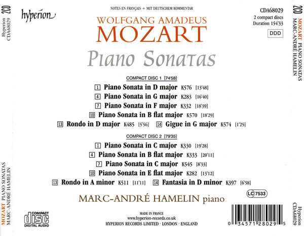 Wolfgang Amadeus Mozart, Marc-André Hamelin - Piano Sonatas (2xCD, Album) (Mint (M)) - Image 2