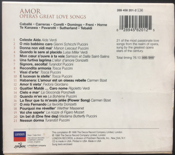 Montserrat Caballé, José Carreras, Franco Corelli, Placido Domingo, Mirella Freni, Marilyn Horne, Kiri Te Kanawa, Luciano Pavarotti, Joan Sutherland, Renata Tebaldi - Amor (Opera's Great Love Songs) (CD, Comp) (Near Mint (NM or M-)) - Image 2