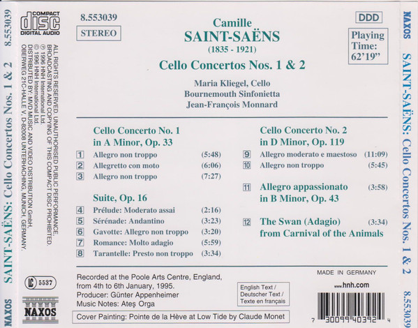 Camille Saint-Saëns - Maria Kliegel, Bournemouth Sinfonietta, Jean-François Monnard - Cello Concertos Nos. 1 And 2 • Suite, Op. 16 • Allegro Appassionato • The Swan (CD, Album) (Near Mint (NM or M-)) - Image 2