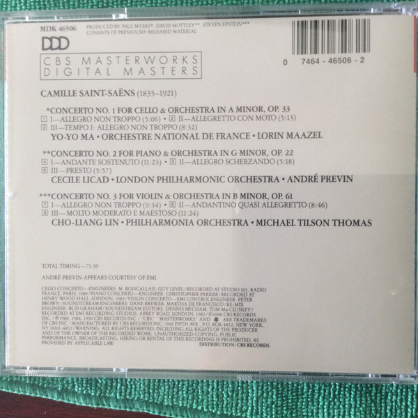 Camille Saint-Saëns - Yo-Yo Ma, Cecile Licad, Cho-Liang Lin - Cello Concerto No. 1 / Piano Concerto No. 2 / Violin Concerto No. 3 (CD, Comp) (Near Mint (NM or M-)) - Image 2