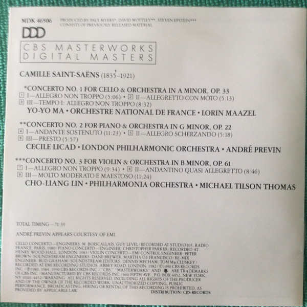 Camille Saint-Saëns - Yo-Yo Ma, Cecile Licad, Cho-Liang Lin - Cello Concerto No. 1 / Piano Concerto No. 2 / Violin Concerto No. 3 (CD, Comp) (Near Mint (NM or M-)) - Image 5