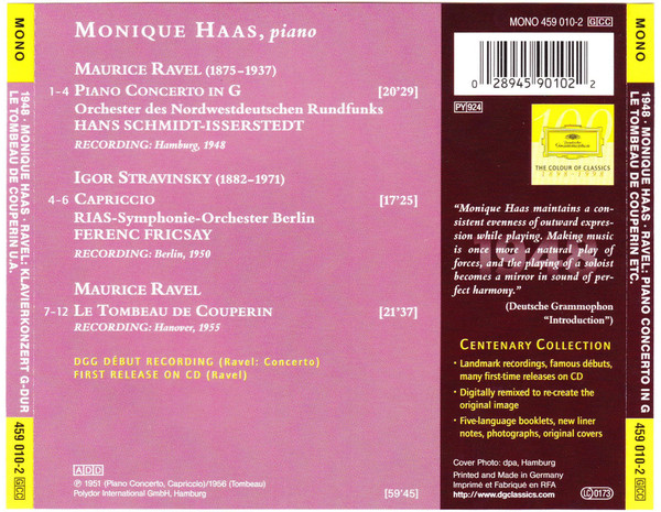Maurice Ravel, Igor Stravinsky, Monique Haas - Ravel: Piano Concerto in G Major - Le Tombeau De Couperin / Stravinsky: Capriccio (CD, Comp, Mono, RM) (Near Mint (NM or M-)) - Image 2