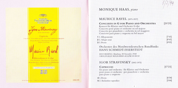 Maurice Ravel, Igor Stravinsky, Monique Haas - Ravel: Piano Concerto in G Major - Le Tombeau De Couperin / Stravinsky: Capriccio (CD, Comp, Mono, RM) (Near Mint (NM or M-)) - Image 3