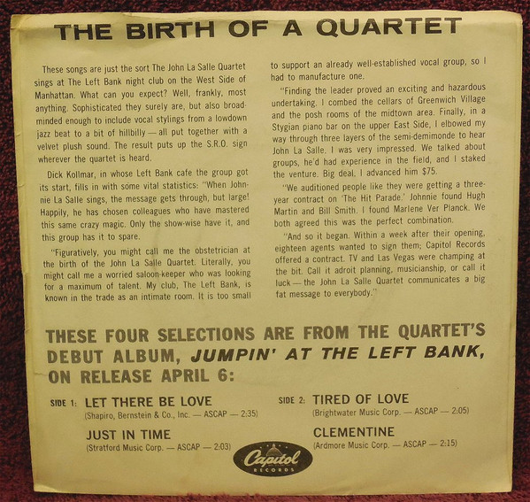 The John La Salle Quartet - Jumpin' At The Left Bank (7", EP, Promo) (Very Good (VG)) - Image 2