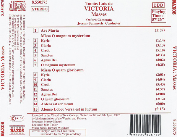 Tomás Luis De Victoria / Alonso Lobo, Oxford Camerata, Jeremy Summerly - Missa O Magnum Mysterium, Missa O Quam Gloriosum / Versa Est In Luctum (CD, Album) (Near Mint (NM or M-)) - Image 2