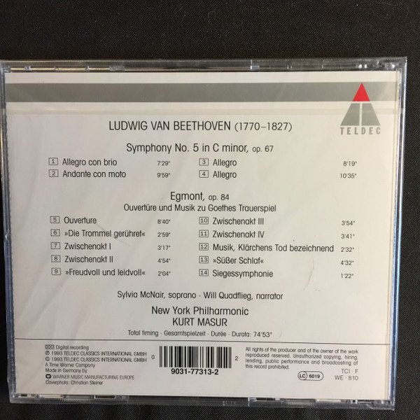 Ludwig van Beethoven, New York Philharmonic, Kurt Masur, Sylvia McNair, Will Quadflieg - Symphony No. 5 / Egmont (CD, RE) (Near Mint (NM or M-)) - Image 3