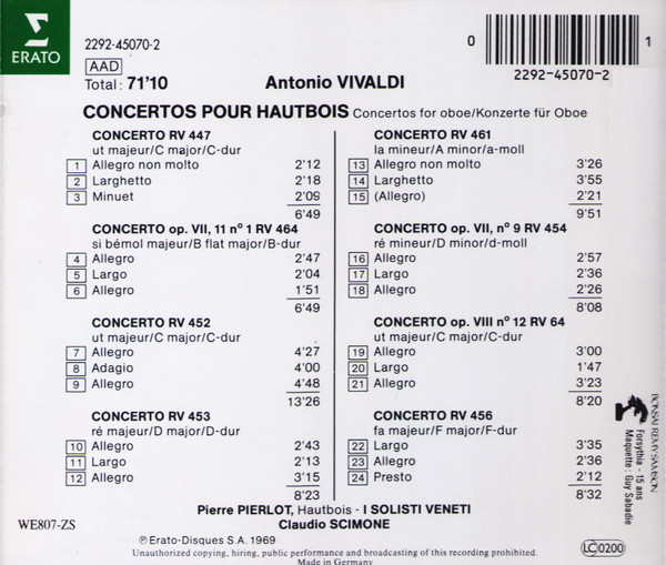 Antonio Vivaldi, Pierre Pierlot, I Solisti Veneti, Claudio Scimone - Concertos Pour Hautbois (CD) (Near Mint (NM or M-)) - Image 2