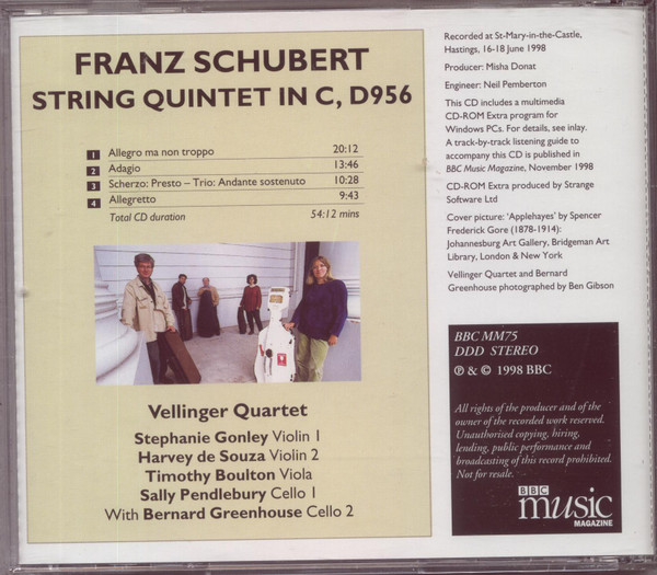 Vellinger Quartet With Bernard Greenhouse, Franz Schubert - String Quintet In C Major, D956 (CD, Album) (Near Mint (NM or M-)) - Image 2