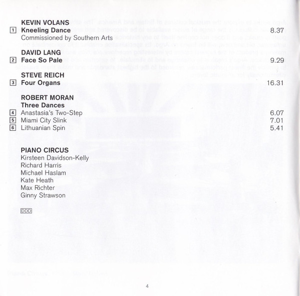 Piano Circus - Kevin Volans, David Lang, Steve Reich, Robert Moran - Kneeling Dance / Face So Pale / Four Organs / Three Dances (CD, Album) (Near Mint (NM or M-)) - Image 5