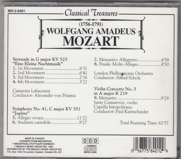Wolfgang Amadeus Mozart - Camerata Labacensis, London Philharmonic Orchestra (2), Capella Istropolitana - Serenade In G Major KV 525 "Eine Kleine Nachtmusik" / Symphony No. 41, C Major KV 551 "Jupiter" / Violin Concerto No. 5 In A Major K 219 (CD, Comp) (Near Mint (NM or M-)) - Image 2
