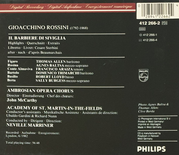 Gioacchino Rossini - Thomas Allen - Agnes Baltsa - Francisco Araiza, Robert Lloyd (4), The Academy Of St. Martin-in-the-Fields, Sir Neville Marriner - Il Barbiere Di Siviglia Highlights (CD, Album, RE, RP) (Near Mint (NM or M-)) - Image 2