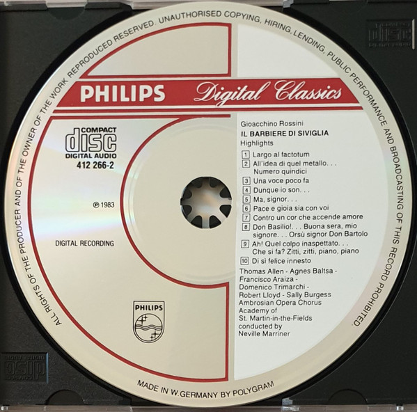 Gioacchino Rossini - Thomas Allen - Agnes Baltsa - Francisco Araiza, Robert Lloyd (4), The Academy Of St. Martin-in-the-Fields, Sir Neville Marriner - Il Barbiere Di Siviglia Highlights (CD, Album, RE, RP) (Near Mint (NM or M-)) - Image 3