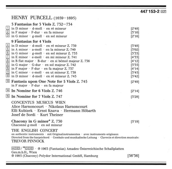 Henry Purcell, Trevor Pinnock, Concentus Musicus Wien, The English Concert, Nikolaus Harnoncourt - 15 Fantasias ∙ Chacony In G Minor (CD, Album) (Near Mint (NM or M-)) - Image 2