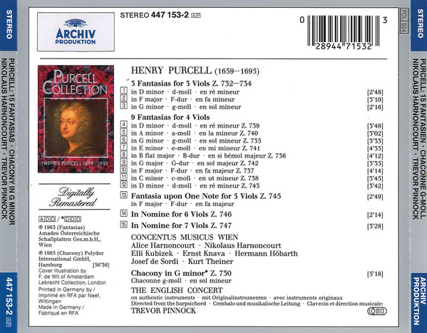 Henry Purcell, Trevor Pinnock, Concentus Musicus Wien, The English Concert, Nikolaus Harnoncourt - 15 Fantasias ∙ Chacony In G Minor (CD, Album) (Near Mint (NM or M-)) - Image 3