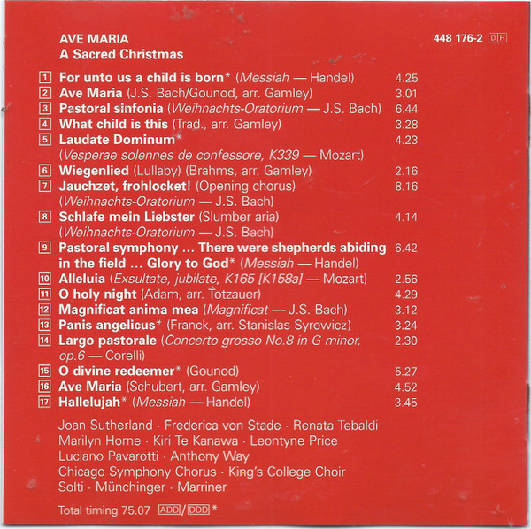 Marilyn Horne, Kiri Te Kanawa, Luciano Pavarotti, Leontyne Price, Frederica von Stade, Joan Sutherland, Renata Tebaldi, Anthony Way - Ave Maria (A Sacred Christmas) (CD, Comp, RM) (Near Mint (NM or M-)) - Image 2