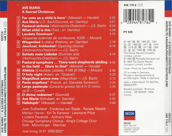 Marilyn Horne, Kiri Te Kanawa, Luciano Pavarotti, Leontyne Price, Frederica von Stade, Joan Sutherland, Renata Tebaldi, Anthony Way - Ave Maria (A Sacred Christmas) (CD, Comp, RM) (Near Mint (NM or M-)) - Image 3
