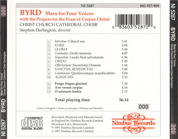 William Byrd - The Choir Of Christ Church Cathedral, Stephen Darlington - Mass For Four Voices (With The Propers For The Feast Of Corpus Christi) (CD, Album, Amb) (Near Mint (NM or M-)) - Image 2