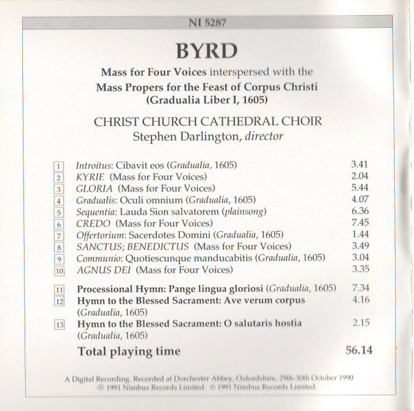 William Byrd - The Choir Of Christ Church Cathedral, Stephen Darlington - Mass For Four Voices (With The Propers For The Feast Of Corpus Christi) (CD, Album, Amb) (Near Mint (NM or M-)) - Image 5