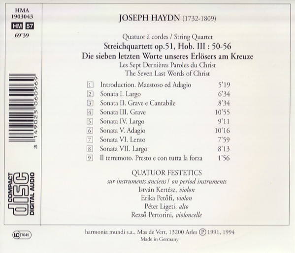 Joseph Haydn, Festetics Quartet - Die Sieben Letzten Worte Unseres Erlösers - Les Sept Dernières Paroles Du Christ (CD, RE) (Near Mint (NM or M-)) - Image 2